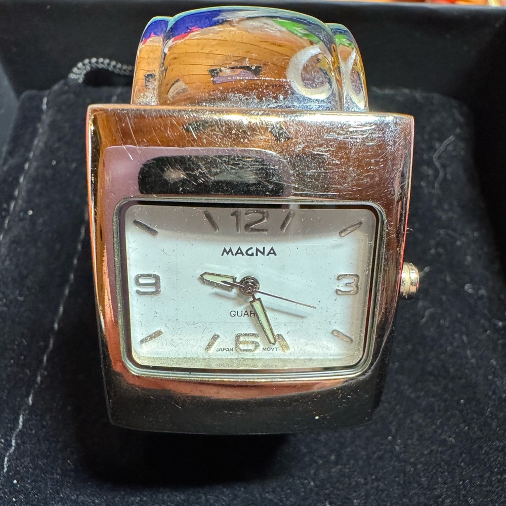Vintage Magna Silver toned cuff Watch with White Dial